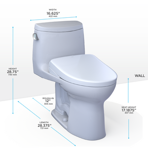 TOTO ULTRAMAX® II  WASHLET®+ S7 One-Piece Toilet - 1.28 GPF - Auto-Flush - MW6044726CEFGA#01 - UNIVERSAL HEIGHT - Dimensions