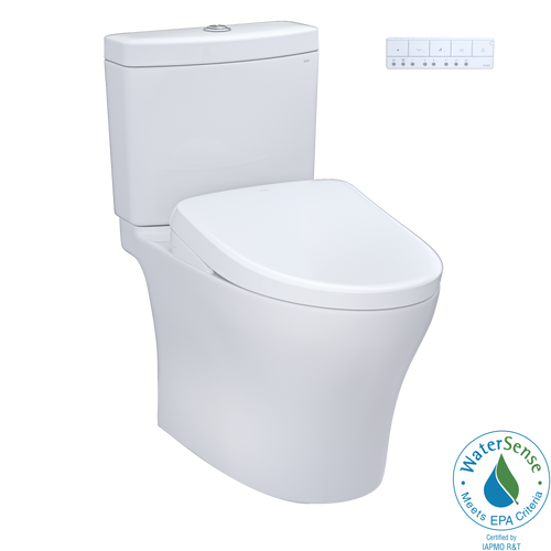 TOTO AQUIA® IV - WASHLET®+ S7 Two-Piece Toilet - 1.28 GPF & 0.9 GPF Auto-Flush - MW4464726CEMFGNA#01 - Universal Height - main image with Water Sense badge
