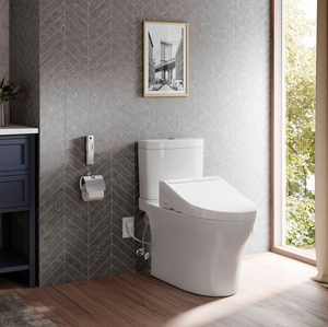 TOTO AQUIA® IV - Washlet®+ C5 Two-Piece Toilet - 1.28 GPF & 0.9 GPF - MW4463084CEMGN#01 - Universal Height - installed in modern bathroom
