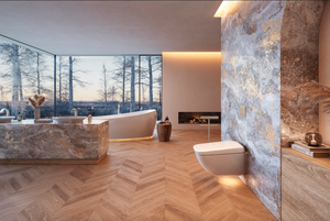 TOTO NEOREST WX1 Wall-Hung Toilet - 1.2 GPF & 0.8 GPF - CWT9538CEMFG#01 - installed in modern luxury bathroom