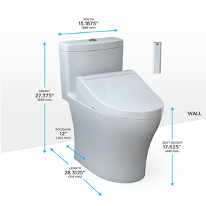 TOTO AQUIA® IV - WASHLET®+ C5 One-Piece Toilet - 1.28 GPF & 0.9 GPF - MW6463084CEMFGN#01- Universal Height - dimensions