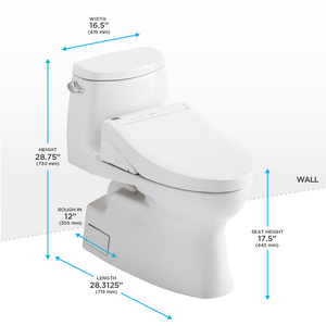 TOTO CARLYLE® II  WASHLET®+ C5 One-Piece Toilet - 1.28 GPF - MW6143084CEFG#01 - UNIVERSAL HEIGHT - dimensions
