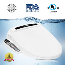 Load image into Gallery viewer, Lotus Hygiene ATS-908 Bidet Toilet Seat with PureStream® + Side Control - Elongated diagonal view with FDA badge, 5 year warranty badge