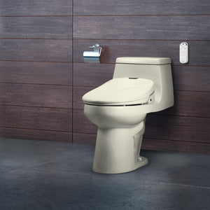 Brondell Swash 1400 bidet toilet seat installed  in biscuit color in modern bathroom