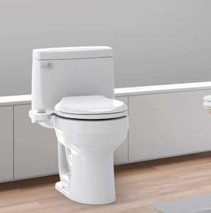 VOVO VM-001D Non-electric Bidet Attachment, Metal Coated Dual Nozzle System, installed in a clean, modern-looking bathroom
